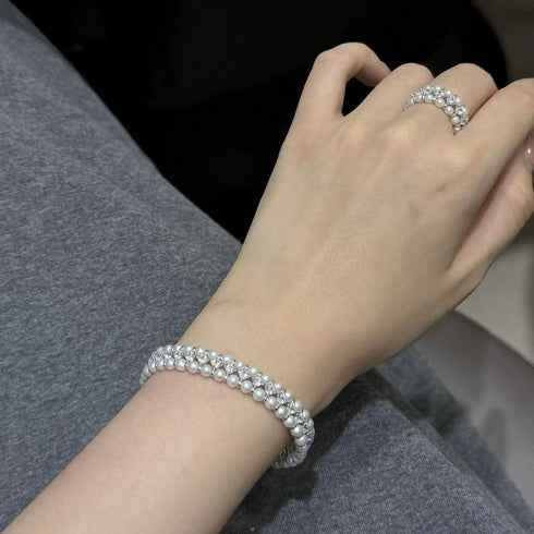 Layered Pearl Zirconia Jewelry Set – Necklace, Bracelet & Ring (Purchase Separately)